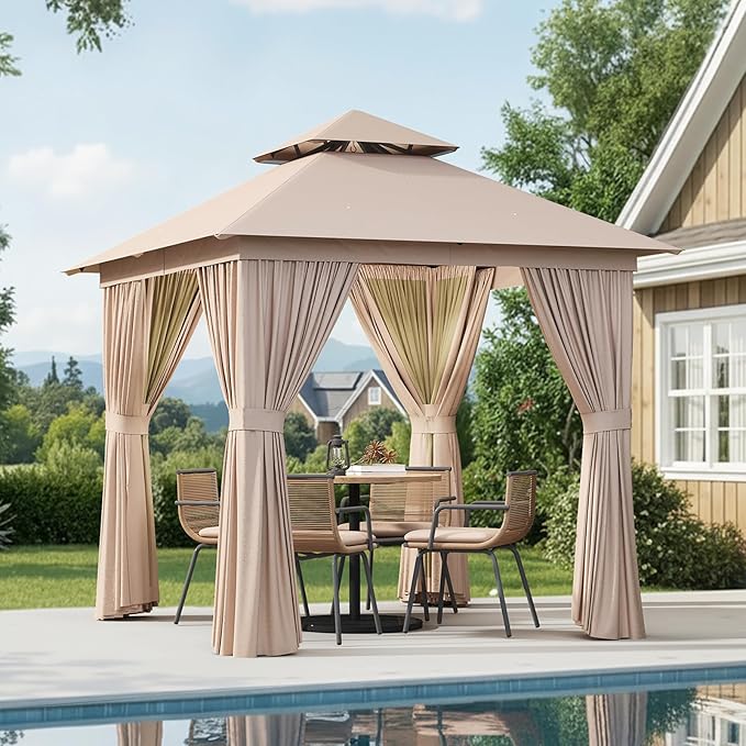 AOXUN Outdoor Gazebo for Patio 8x8 Metal Frame Canopy with Double Roofs Heavy Duty Party Tent and Shelter with Mosquito Netting and Privacy Screen for Backyard, Lawn, Garden, Deck (Khaki) Aoxun