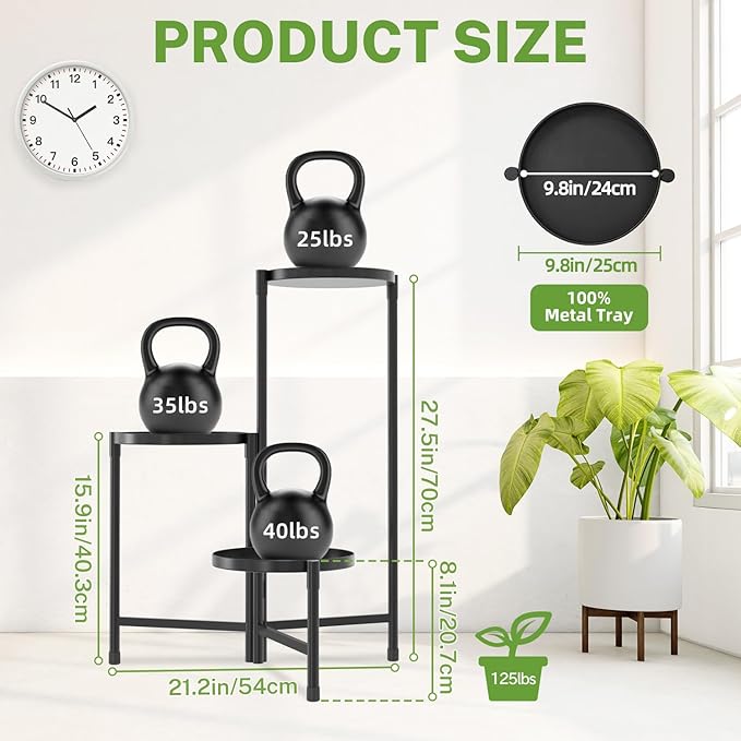 iDavosic.ly 3 Tier Large Plant Stand Indoor with 10 Inch Wide Tray, Tiered Corner Metal Outdoor Flower Display Holder Shelf, Folding Tall Rack for Patio Porch Living Room, Modern Black iDavosicly