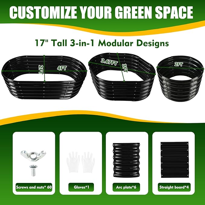 17" Tall Elevated Oval Metal Raised Garden Bed - 4ft x 2ft in Size and 0.8MM Thick Durable Planter Bed/Box for Vegetables Flowers Succulent at Patio/Garden Outdoor (Black, 4X2X1.4 FT) TBMLC