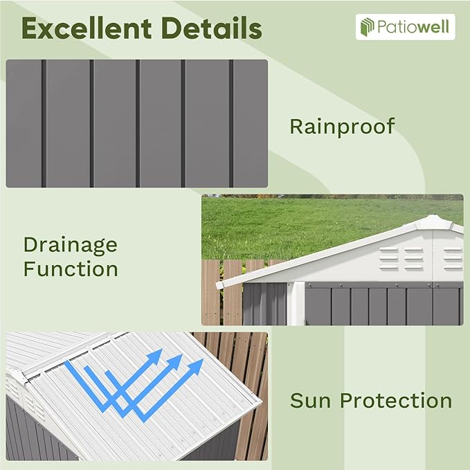 Patiowell 6x4 FT Outdoor Storage Shed, Water-Resistance Metal Outdoor Sheds with Vents & Lock, Garden Shed of Galvanized Steel for Lawn, Patio, Backyard Garden Tools, Bikes, Gray Patiowell