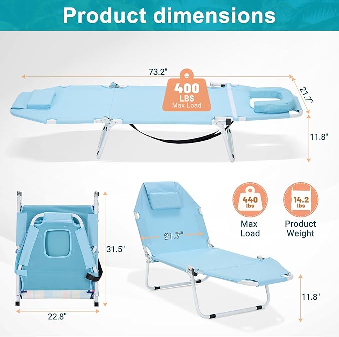 ABORON 2-in-1 Tanning Chair with Face Hole, Folding Camping Cot for Adults, 5-Position Adjustable Lounge Chair with Pillow, Heavy Duty 600D Oxford Portable Cot for Beach, Patio, Poolside ABORON
