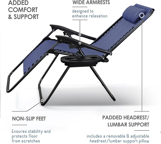 Nestl Zero Gravity Chairs Set of 2, Patio Lounge Chair Outdoor with Pillows & Cup Holder Trays, Adjustable Steel Mesh Reclining Camping Chair, Folding Patio Lawn Chair for Deck, Beach, Yard - Blue Nestl