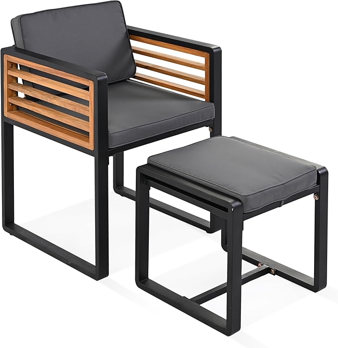 Merax 18 Pieces Outdoor Dining Set for 16 People, Acacia Wood Patio Furniture Sets with 2 Square Tables, 8 Cushioned Chairs and 8 Ottomans for Backyard, Garden, Lawn, Poolside, Gray Merax