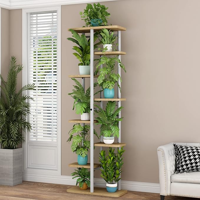 LINZINAR Plant Stand 8 Tier 9 Potted Multiple Flower Pot Holder Shelf Indoor Outdoor Planter Rack Storage Organizer for Patio Garden Corner Balcony Living Room (8 Tier-9 Potted, White) LINZINAR