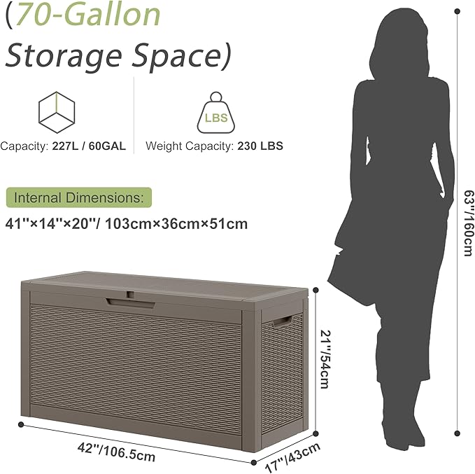 Outdoor Storage Box, Resin Deck Boxes Indoor and outdoor, Waterproof Storage Box Lockable Lid (Grey,70 Gallon) NBYSGO