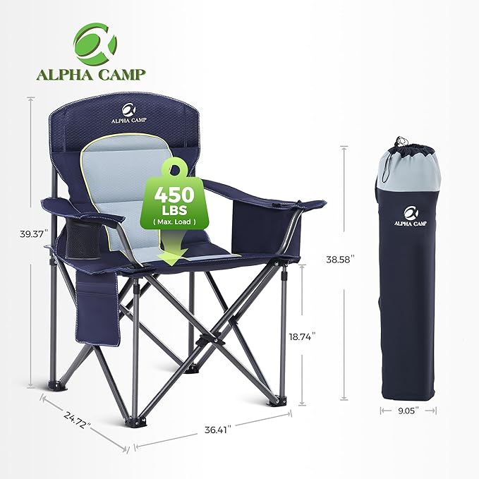 ALPHA CAMP Heavy Duty Camping Chair 500LBS Capacity, Oversized Folding Chair for Heavy People, Padded Portable Outdoor Chair with Cooler Bag & Cup Holder for Camping, Fishing, Beach ALPHACAMP