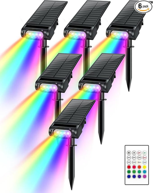 RGB Christmas Solar Spot Lights Outdoor, 12 RGB Color Modes Landscape Light Waterproof IP67 with Remote Control, 2-in-1 Color Changing RGB/Cool/Warm White for Yard Garden Garden (6 Pack) Brthera