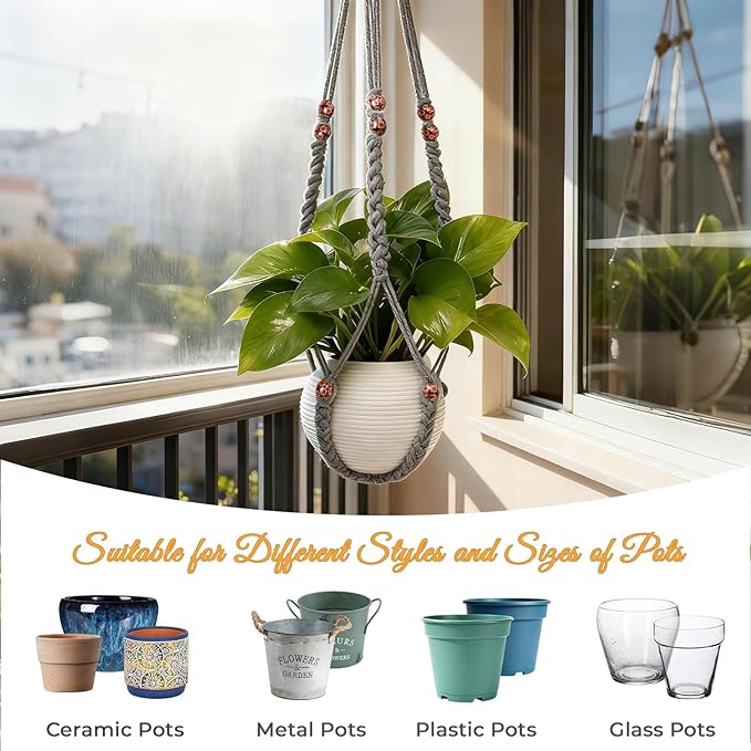35 Inch Macrame Plant Hanger, Large for up to 15 Inch Pot Extra Long Hanging Planter Holder Basket with Wood Beads for Indoor Outdoor Home Decor (Grey, 2-Pack) Rootora