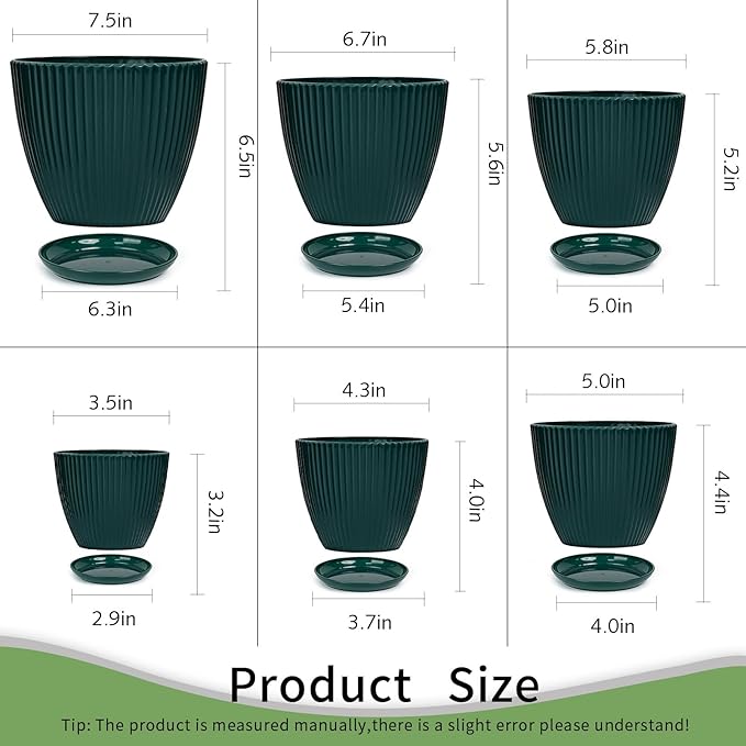 Plant Pots Indoor with Saucers & Drainage - 6 Pack Flower Pots - Plastic Planters for Indoor Planter - 7.5/6.6/5.8/5.0/4.3/3.5 inches Sizes for All Different Types of Plants-Dark Green Vodotion