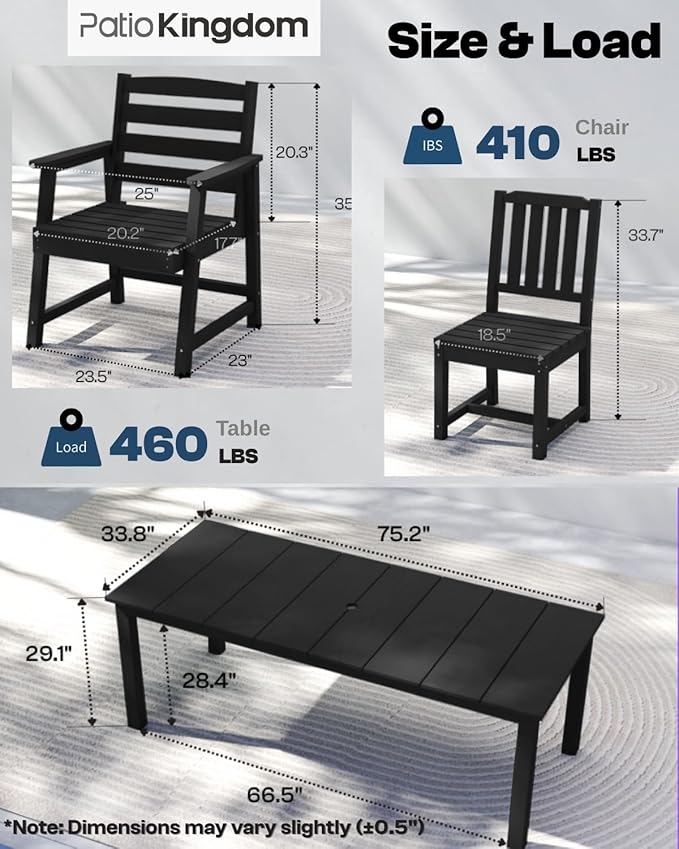 5-Piece Black Outdoor Dining Set for 4, 75.2'' HDPE Table with Umbrella Hole & Chairs, Weather-Resistant Patio Furniture for Garden, Lawn, or Poolside PatioKingdom