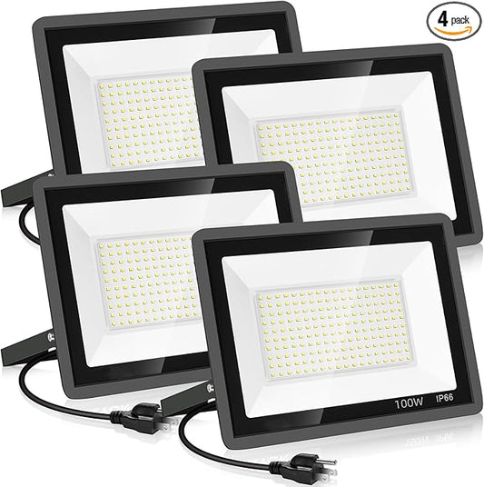 4 Pack 100W LED Flood Light,Super Bright Exterior Security Lights With Plug,IP66 Waterproof Outdoor Flood Light, 11600lm 5000K Daylight White Floodlight for Yard, Garden,Basketball Court, Arena YANYCN