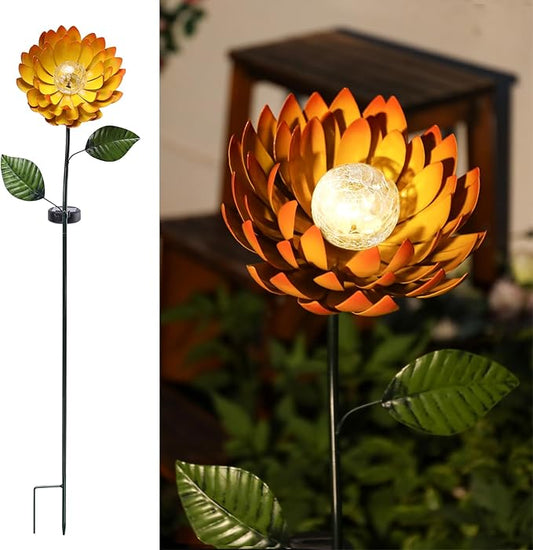 VCUTEKA Solar Garden Lights Metal Flower Decor Colorful Yellow Flowers Solar Pathway Light with LED Cracked Crystal Ball Outdoor Decorative Stake for Patio Yard Lawn VCUTEKA