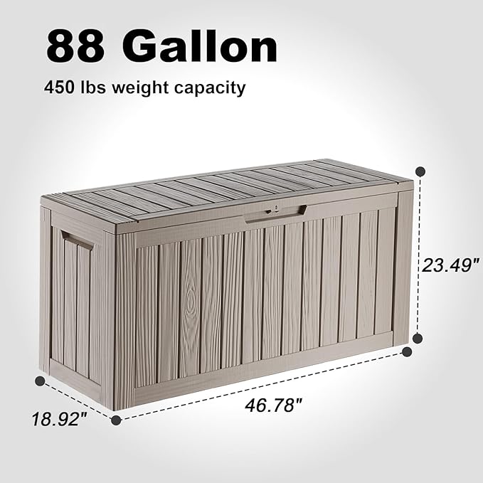 ROJIK Outdoor Storage Housing Deck Box - Waterproof Patio Furniture, Garden Tools, Cushions, Pool Accessories Storage Bench with Lockable Lid and Side Handles (Grey 88 Gal) ROJIK