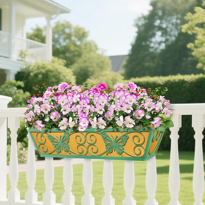 4 Pack 24 Inch Window Boxes Planters Railing Planter Box with Adjustable Brackets for Porch Fence Patio Balcony Hanging Flower Baskets with Woven Fabric for Outdoor Garden Decor - Green KarlliuHOMEGARDEN