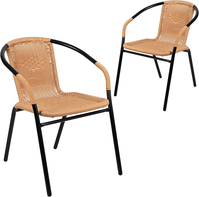 EMMA + OLIVER Set of 2 Modern Rattan Indoor/Outdoor Stack Chairs, Stacking Rattan Patio Chairs with Curved Back and Cross Bracing, Beige EMMAOLIVER