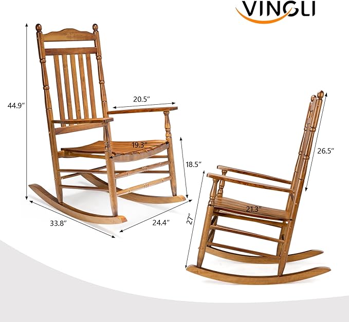 VINGLI Wooden Rocking Chair, Outdoor Chair with 450 lbs Support, Relaxing Rocker with Solid Wood High Back Seat Reclining Seat for Deck, Garden, Backyard, Porch, Indoor or Outdoor Use (Teak, 2PCS) VINGLI