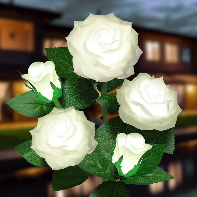 Solar Flower Lights Outdoor - Upgraded New Material Two Modes Realistic LED Solar Powered Waterproof Lights with 5 Roses, Solar Decorative Stake Lights for Garden (White, 1 Pack) LightYourLife