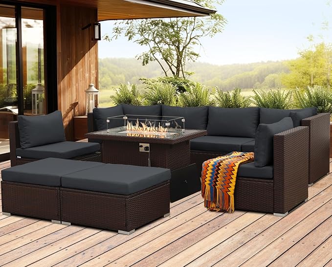 NICESOUL 8 Seat Extra Large Patio Furniture Set with Firepit Table Natural Gas/Propane, 29.3'' High-Back Luxury Outdoor Sectional Conversation Sets for 6 People, Brown Rattan and Dark Grey Cushion NICESOUL