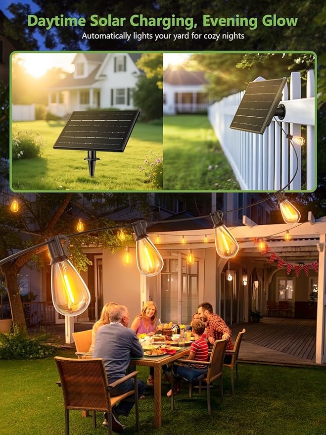 luckystyle 50FT Solar String Lights Outdoor Waterproof 2200K with Remote & USB Charging, 18+1 LED Shatterproof Bulbs, Dimmable & Timable, 3 Light Modes, Long Last for Garden,Patio, Backyard, Camping luckystyle