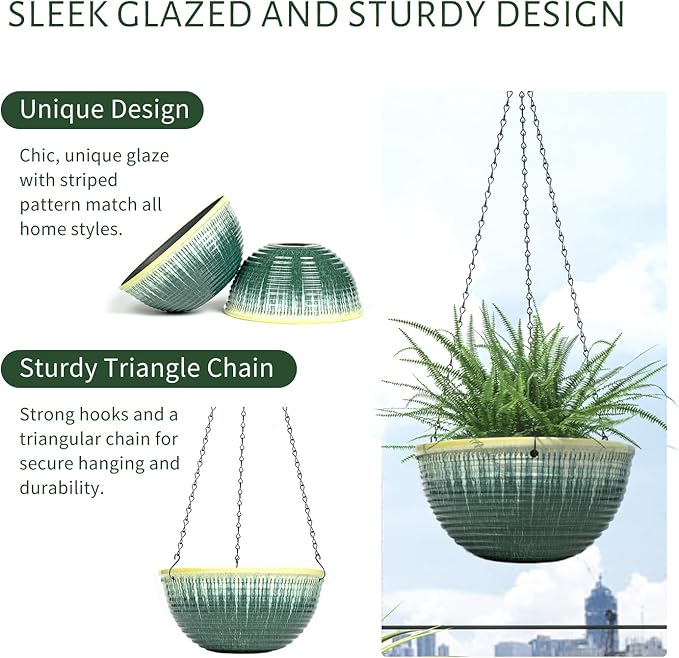 10inch Hanging Planter, 2 Pack Hanging Planters for Indoor and Outdoor Plants, Glazed Hanging Plant Holder with Drainage, Indoor Hanging Flower Pots for Garden Home (Green Glaze) LesOasis