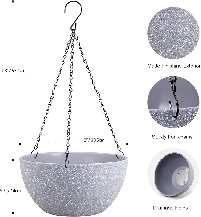 12 inch Large Hanging Planters for Indoor Outdoor Plants, 2 Pack Hanging Flower Pots with Drainage Holes and Chain for Garden Porch, Plastic Hanging Baskets for House Plants, Speckled Grey Meowell