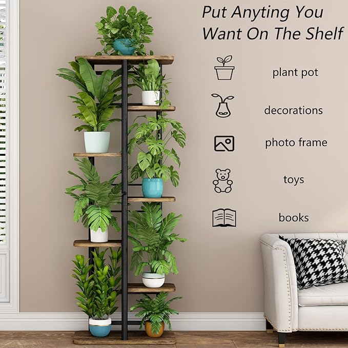LINZINAR Plant Stand 7 Tier 8 Potted Multiple Flower Pot Holder Shelf Indoor Outdoor Planter Rack Storage Organizer for Patio Garden Corner Balcony Living Room (7 Tier-8 Potted, Black) LINZINAR