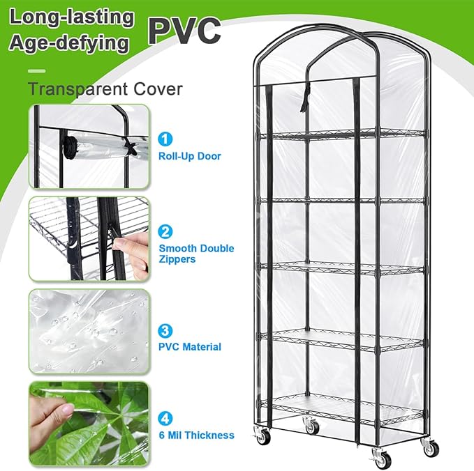 Abimars 5-Tier Greenhouse with Caster Wheel, Each Shelf Height Adjustable Metal Plant Shelf with PVC Cover for Seed Starting Trays, Seedling Pots, Plant Pots, 13x29x73inch Abimars