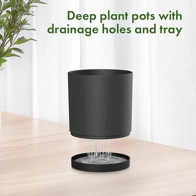 12/10/8 inch Large Deep Plant Pots, 3 Pack Tall Cylinder Flower Pots for Outdoor Indoor Plants, Plastic Planters with Drainage Holes and Saucers for Garden Porch House Plants, Black Meowell