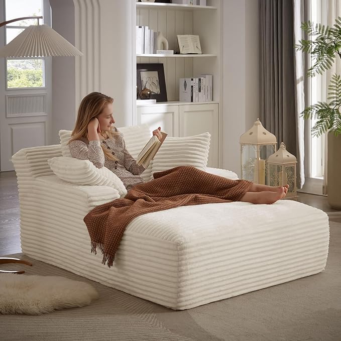 67 Inch Chaise Lounge Chair Indoor, Oversized Corduroy Upholstered Boneless Sofa Bed, Deep Seat Sleeper Couch Reading Chairs, Cloud Sofas Couches for Living Room, No Assembly Required (Beige) HANXIN