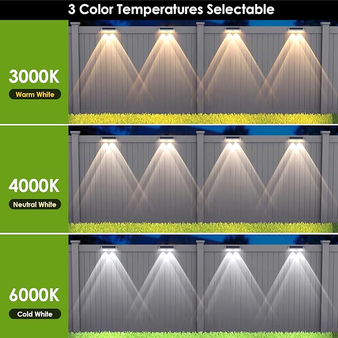 12 Pack Solar Fence Lights Outdoor Waterproof LED - 3000/4000/6000K 3 Mode, IP65 Waterproof Fence Lights Solar Powered, Solar Wall Lights for Outside, Backyard/Step/Patio/Deck Fence/Stair Railings LIANGLOME