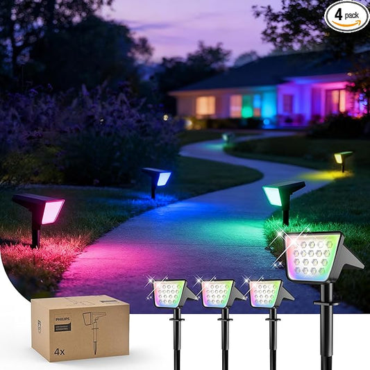 Philips 4 Packs Solar RGBW Spot Lights Outdoor, 18 LED Solar Powered Landscape Lights, 9 Lighting Modes Color-Changing Dusk to Dawn Waterproof Pathway Spotlights for Garden Trees Halloween Christmas PhilipsLightingLED