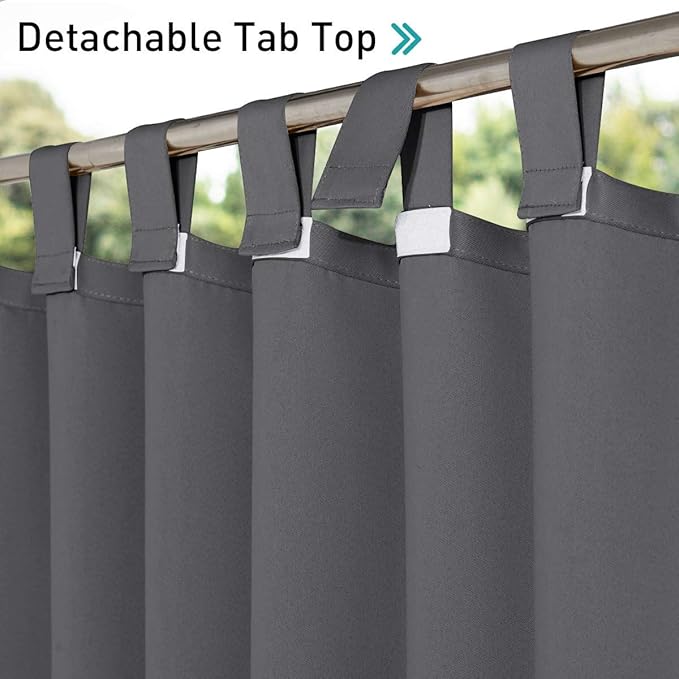 NICETOWN 2 Panels=104" Width Patio Curtains Outdoor Waterproof Extra Long 108" Length, Self-Stick Tab Top Thermal Insulated Blackout Vertical Drape Window Treatment for Lawn & Garden, Grey NICETOWN