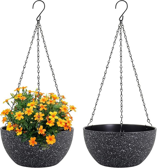 10 inch Hanging Planters for Indoor Outdoor Plants, 2 Pack Hanging Flower Plant Pots with Drainage Holes and Chain for Garden Porch, Plastic Hanging Baskets for House Plants, Speckled Black Meowell