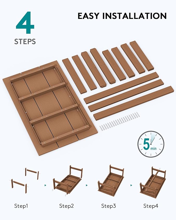 SERWALL HDPE Patio Coffee Table, Rectangle Outdoor Coffee Table, All-Weather Coffee Side Table for Balcony, Poolside, Deck, Garden, Brown SERWALL