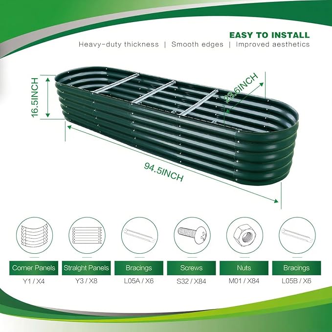 Gardmax Galvanized Raised Garden Bed, Lightweight Planter Boxes Outdoor with Easy Assembly, Large Garden Bed for Vegetables, Fruits, Flower Dark Green 8FT ChooseGardmaxforbetterlife