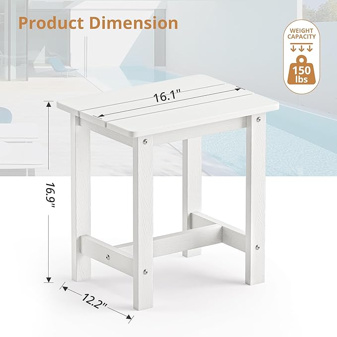 LUE BONA Outdoor Side Table, HDPS Small Outdoor Adirondack Side Tables, Outside End Table for Patio, Porch, Deck, Weather Resistant/Easy Maintenance, White LUEBONA