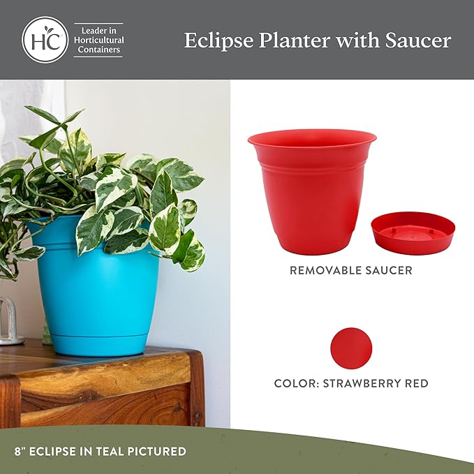 The HC Companies 10 Inch Eclipse Round Planter Pots with Drainage Holes & Attached Saucer, Lightweight UV-Resistant Plastic Indoor & Outdoor Planters, 2-Pack Flower Pots for Garden & Home Decor, Red TheHCCompanies