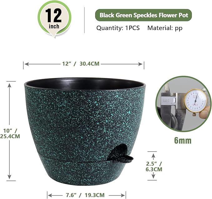 12 inch Large Self Watering Pots for Indoor Outdoor Plants, Flower Plant Pots with Mesh Drainage Holes for Garden House Plants, Plastic Planters for Home, Black with Green Speckles Meowell