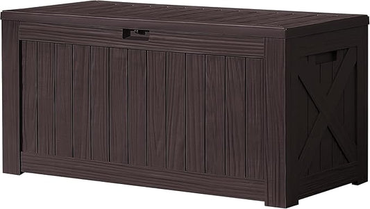 Devoko 120 Gallon Deck Box Resin Outdoor Storage Box Waterproof for Patio, Large Outdoor Storage Bench Lockable for Outside (Deep Brown) DEVOKO
