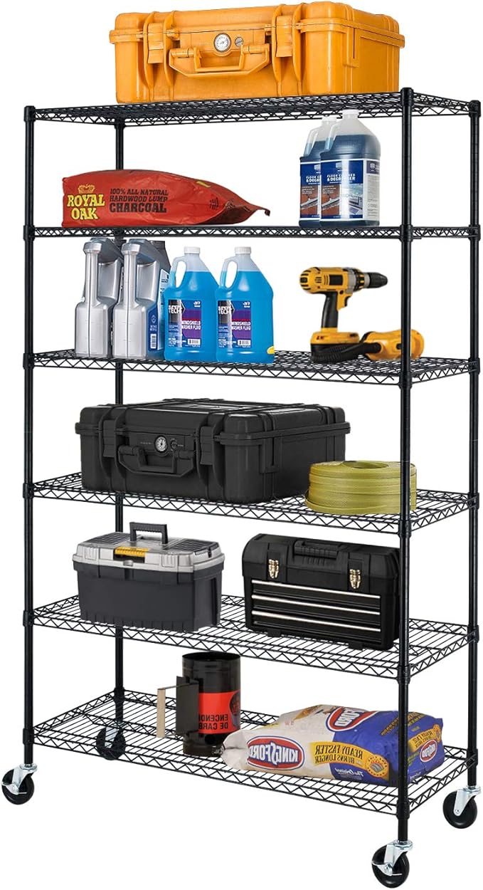BestOffice | 6-Tier Wire Storage Shelves with Wheels | 18x48x78 | Black | Adjustable Racks | Heavy-Duty Metal Shelf, Holds Upto 600 lbs | No-Tool Assembly | Ideal for Home & Garage Shelving BestOffice
