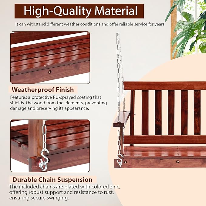 Outdoor Wooden Porch Swing 4Ft Patio Porch Swing Bench 800 LBS Load-Bearing Capacity Swing Chair Two-Person Seating with Adjustable Hanging Chains, Durable Swing Bench for Courtyard, Garden, Backyard FDW