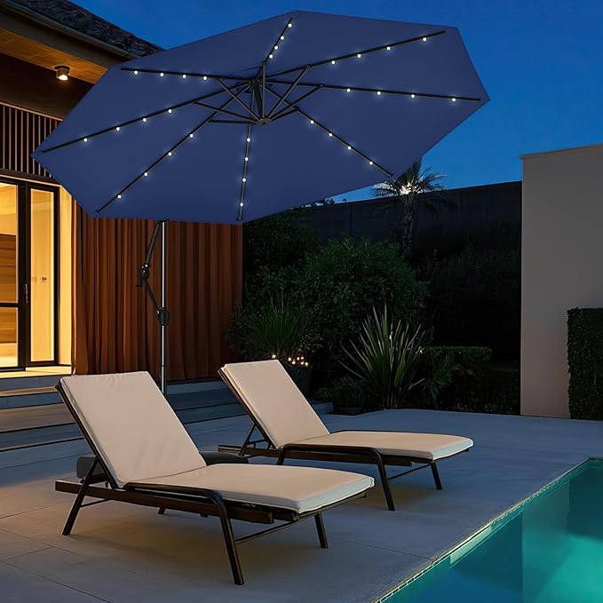 Tangkula 10ft Solar LED Patio Umbrella with Base, Offset Cantilever Outdoor Umbrella with 32 LED Lights, Infinite Tilt, 360 Degree Rotation, Crank Handle for Pool Deck Garden Backyard (Navy) TANGKULA
