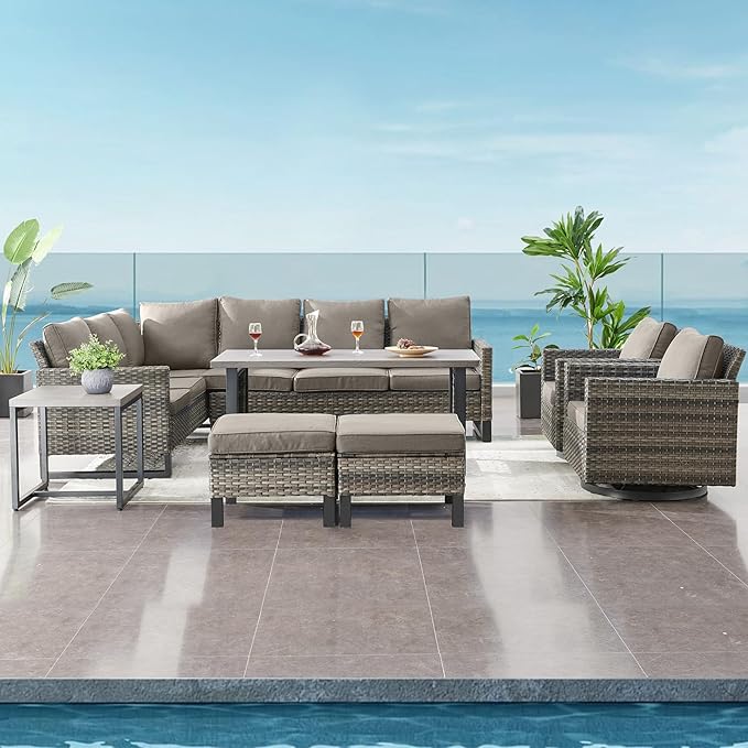 Belord Patio Sectional Furniture Set with Coffee Table: 8 Pieces Wicker Patio Conversation Set with L Shaped Sofa, Outdoor Swivel Glider Rocker, Rattan Ottomans, Removable Belord