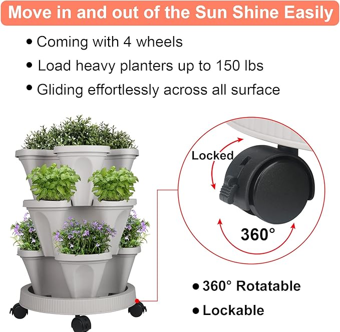 GameXcel Vertical Planter 3 Tier Stackable Planters Garden Planters Strawberry Herb Flower and Vegetable Planter Indoor Outdoor Gardening Pots with Removable Wheels and Tools 2-Pack GameXcel