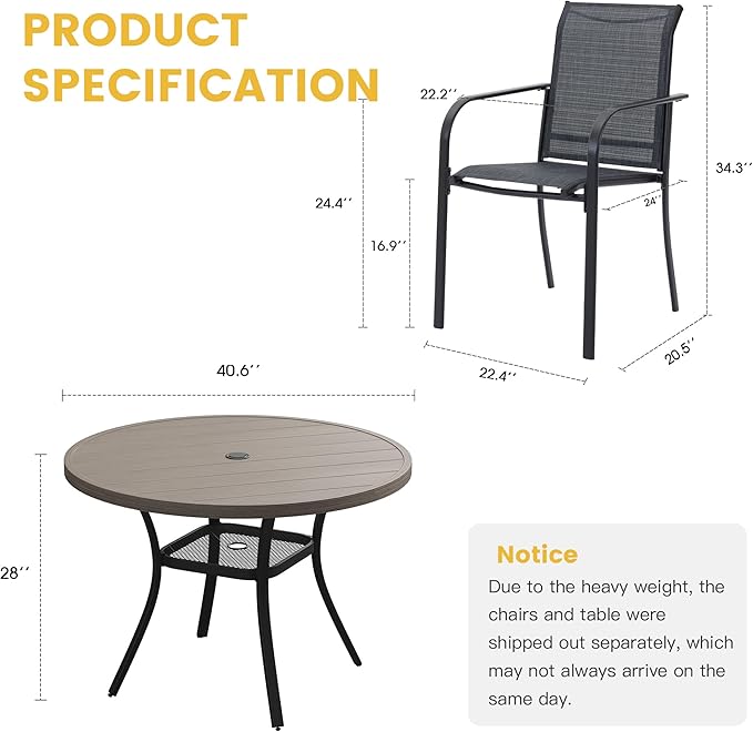 VICLLAX 5 Pieces Patio Dining Set for 4, Outdoor Furniture Set Includes 40.7" Round Patio Table and 4 Patio Stackable Chairs, Grey Wood Grain Tabletop and Grey Fabric HOME