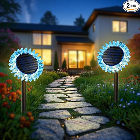 Outdoor Solar Lights, 2 Pack Led Solar Sunflower Lights, Stake/Wall 2-in-1 Waterproof Solar Garden Lights for Yard, Landscape, Fence, Patio, Driveway, Pathway, Backyard Decoration (Warm White) GIUNN