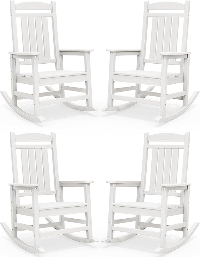 SERWALL Outdoor Rocking Chairs Set of 4, Oversized HDPE Porch Rockers for Adults, All-Weather Composite Patio Rocking Chairs, White SERWALL