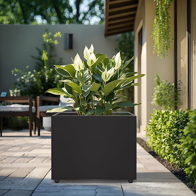 Planter Box Rectangular Block - 16×12×12IN Galvanized Steel Metal Long Box Planter Easy Installation Modern Outdoor Tall Planters All-Weather Use with Drainage Holes for Patio/Porch(Black) Zezgeuro