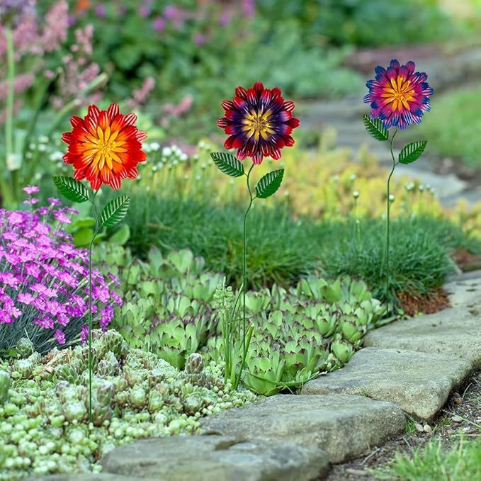 Metal Flowers for Outside,3 Pack Flowers Decorative Garden Stakes Spring Decor,Waterproof Metal Yard Art for Outside,Lawn,Patio,Yard SATHGA