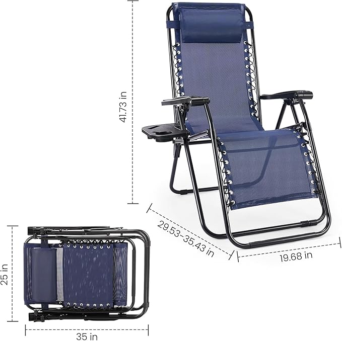 Sweetcrispy Zero Gravity Chairs, Set of 4 Portable Recliner Beach Camping Patio Outdoor Folding Lounge Chair with Cup Holder Trays and Adjustable Pillow for Poolside, Garden, Backyard, Lawn (Blue) Sweetcrispy